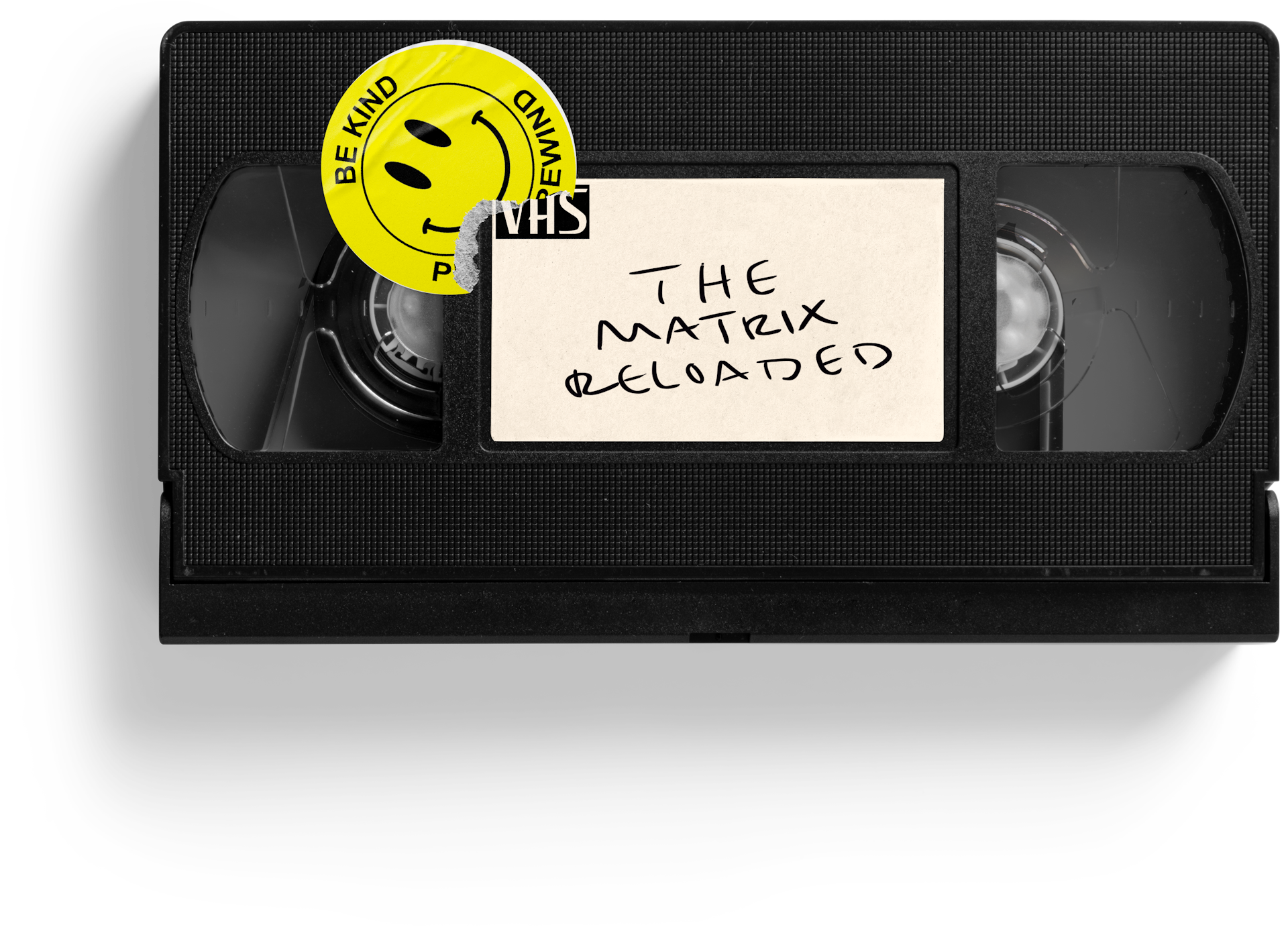 A VHS of the matrix reloaded with a 'be kind please rewind' sticker